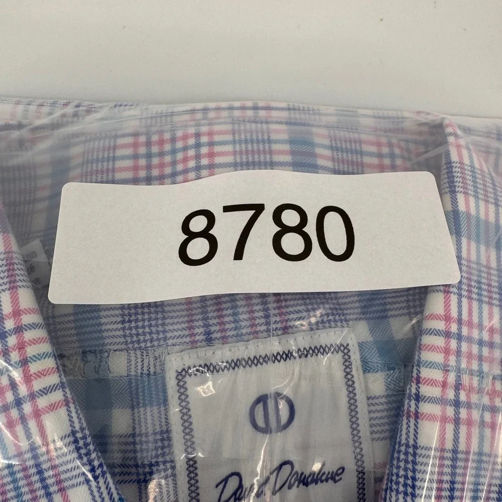 David Donahue Button Down Men L Blue Pink Plaid Cotton Long Sleeve Dress Shirt